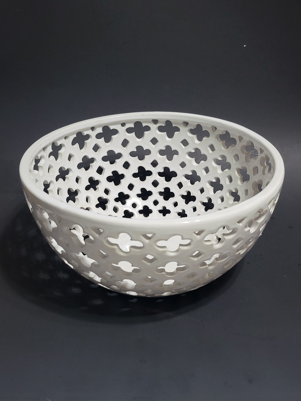 White Decorative Ceramic Bowl with Cutout Floral Pattern - Home Art